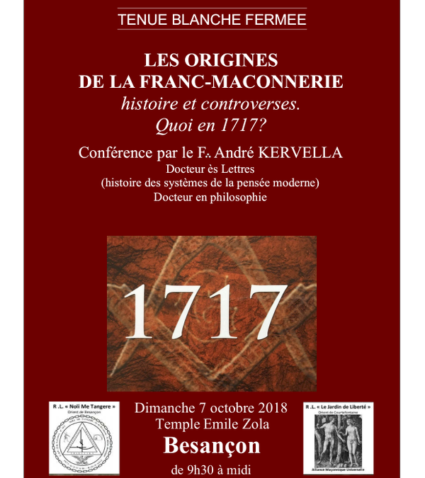 Les origines de la franc-maçonnerie, conférence le 7 octobre 2018